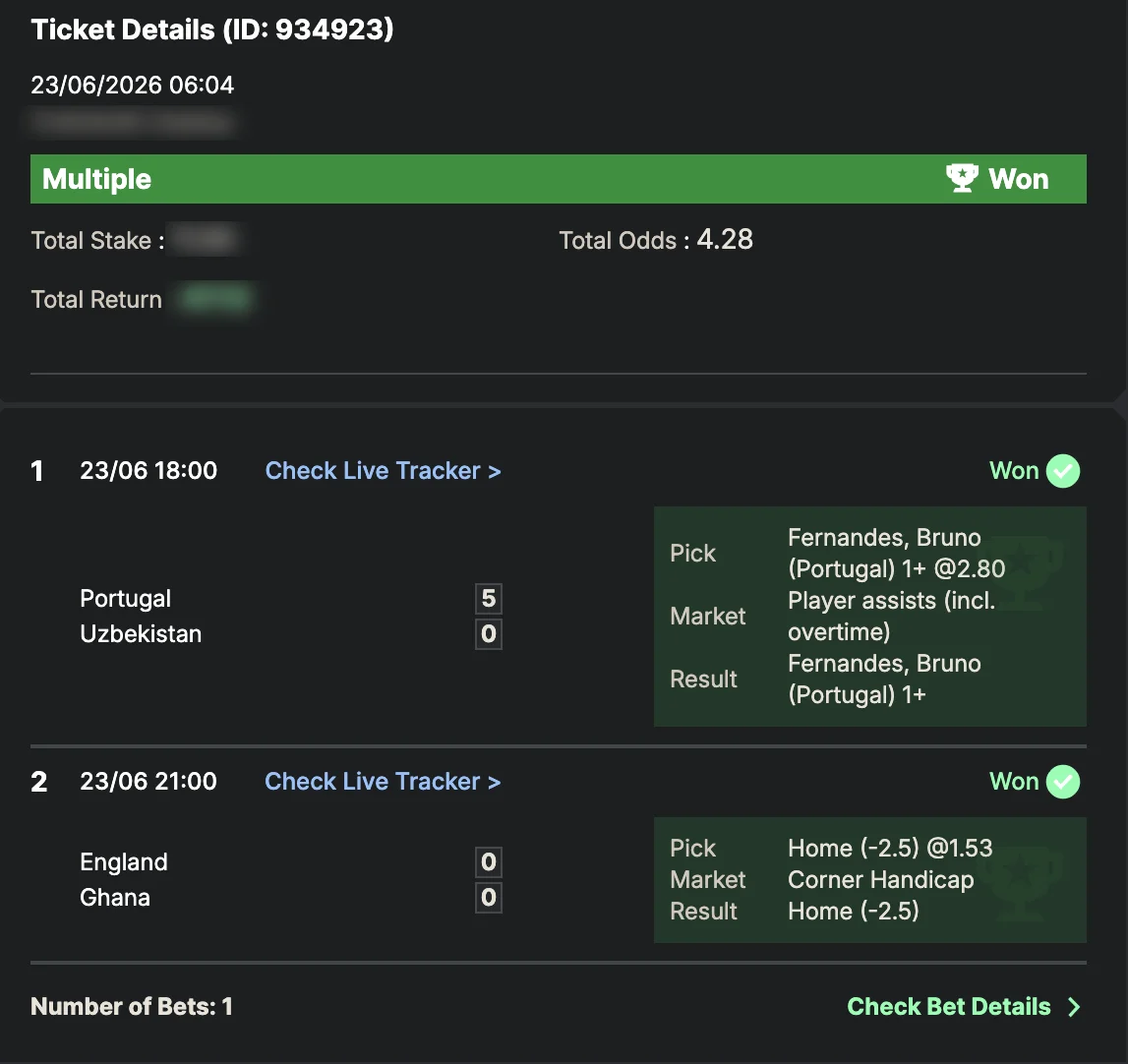 Settled SportyBet ticket: Won Multiple — total odds 4.28