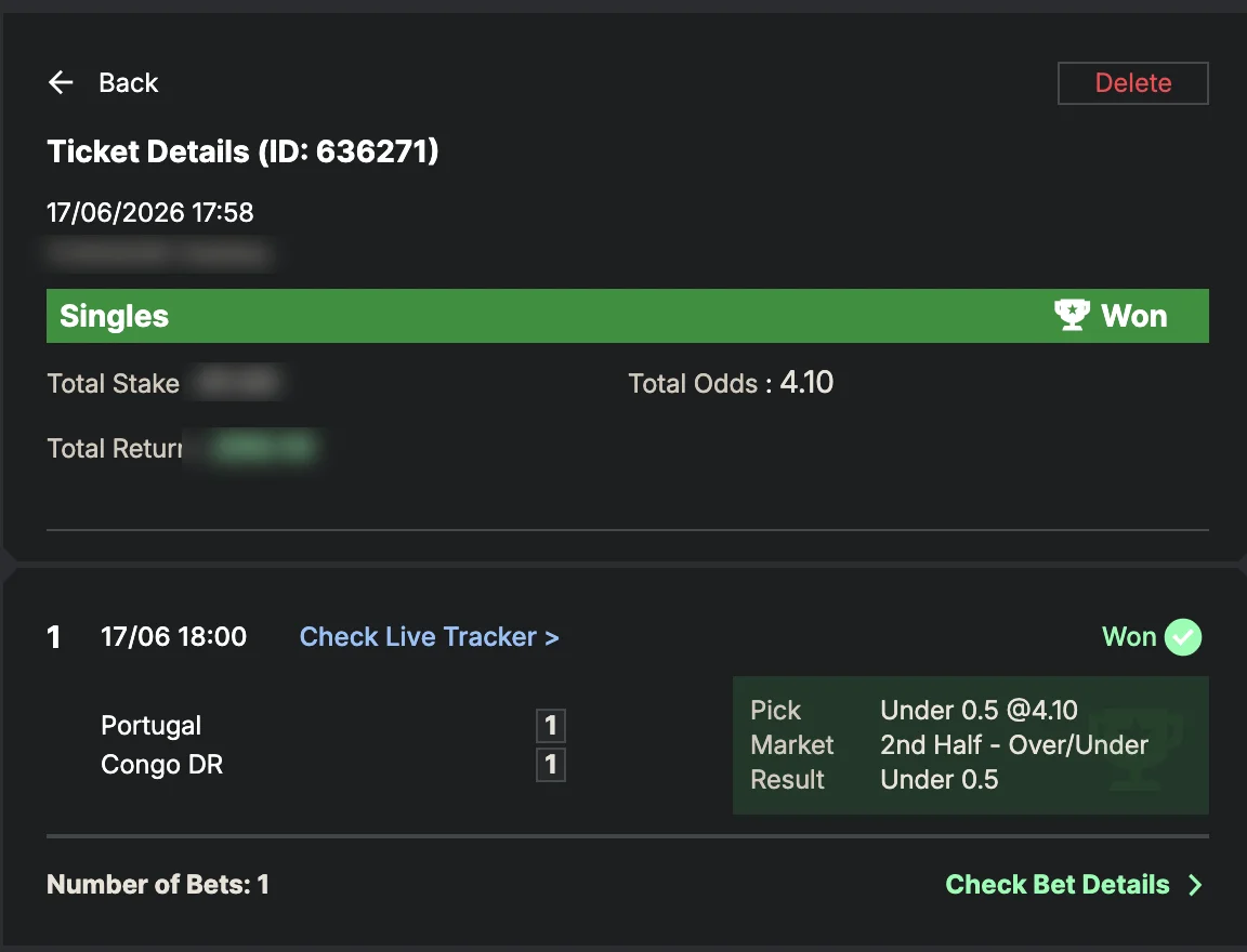 Settled SportyBet ticket: Won Singles — total odds 4.10