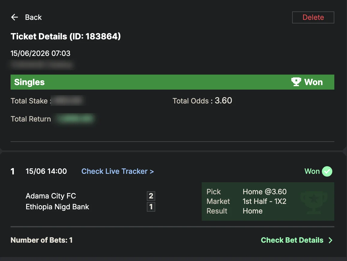 Settled SportyBet ticket: Won Singles — total odds 3.60