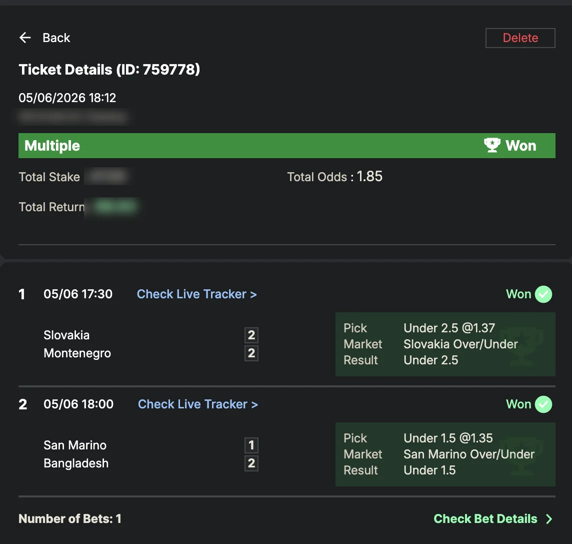 Settled SportyBet ticket: Won Multiple — total odds 1.85